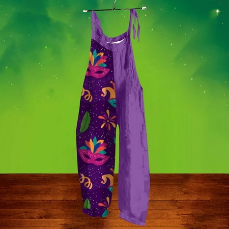 Bunenne Womens Linen Pants Cotton Linen Pants Women s Purple Carnival Jumpsuit  Trendy Sleeveless Bodysuit Mardi Gras Purple Patchwork Print Jumpsuit Ladies Linen Pants Blue M