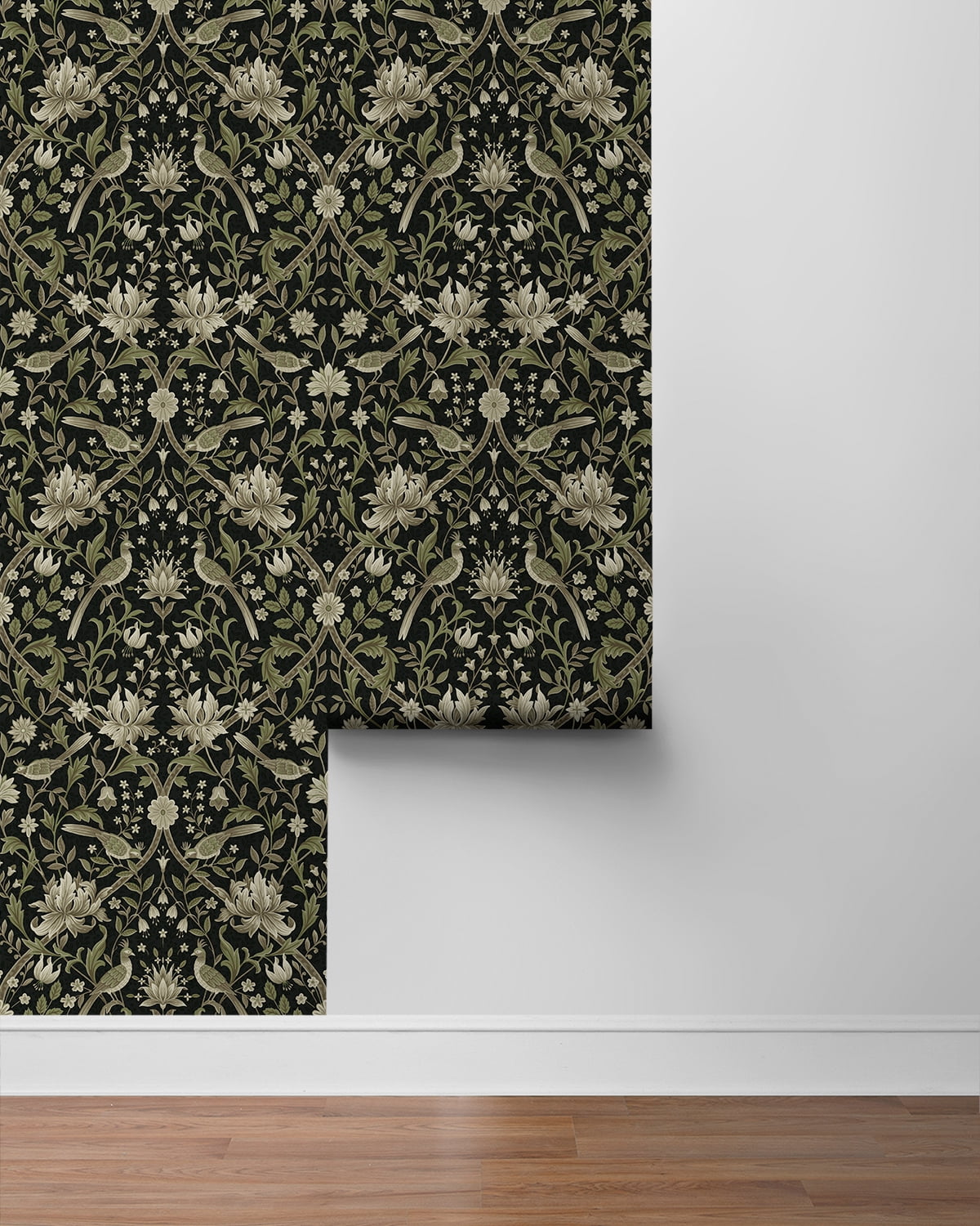 NextWall Ebony & Rosemary Vintage Bird Ogee Peel and Stick Wallpaper - 20.5 in. W x 18 ft. L Roll