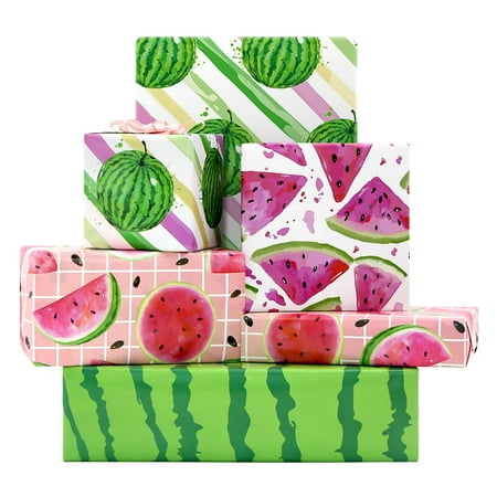 Watermelon Wrapping Papers, PresNok Cute Juicy Fruity Design Gift for Summer Theme Birthday, Aloha Luau Pool Beach Party, Holiday, Hawaii Tropical Themed Party, 8 Sheets In 4 Designs Folded Flat