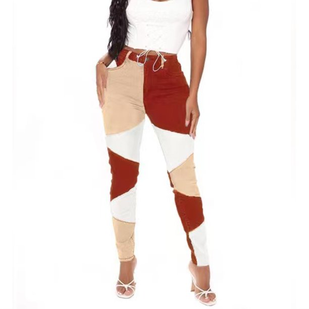Pantalones vaqueros de empalme de cintura alta para mujer, pantalones casuales delgados, ropa de calle Vintage, pantalones vaqueros ajustados de retazos para mujer