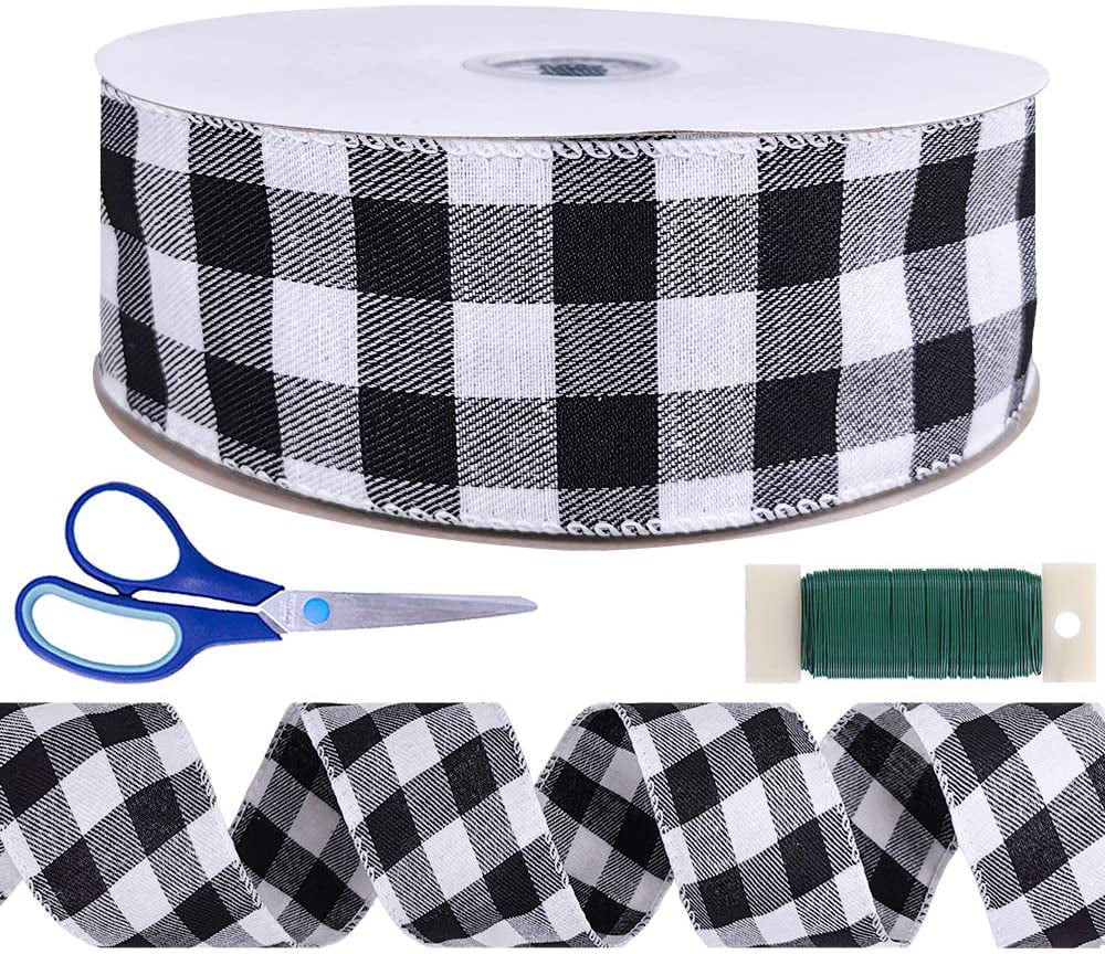 1 1/2 x 50 Yards Presents Wrapping Garland Wreath Buffalo Check Black White Ribbon Farmhouse Decor Wired Edge Plaid Christmas Ribbon Ribbons for Crafts Gift Basket 