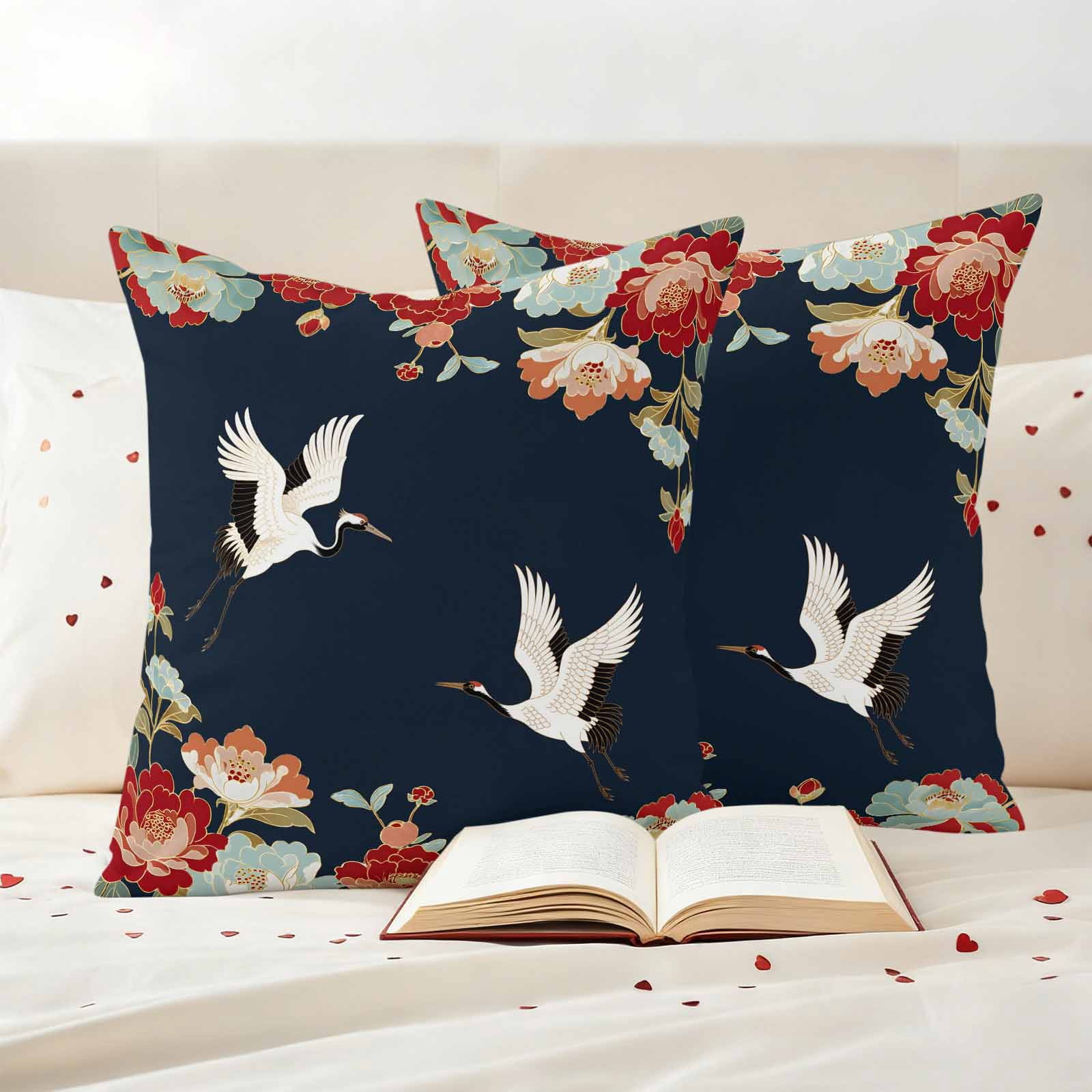 Pack of 2 Navy Blue Crane Outdoor Pillow Covers Decorative, Waterproof Pillow Protector, Vintage Red Teal Spring Floral Botanical Throw Pillowcases Accent Cushion Cases for Patio Couch Sofa 20"x20"