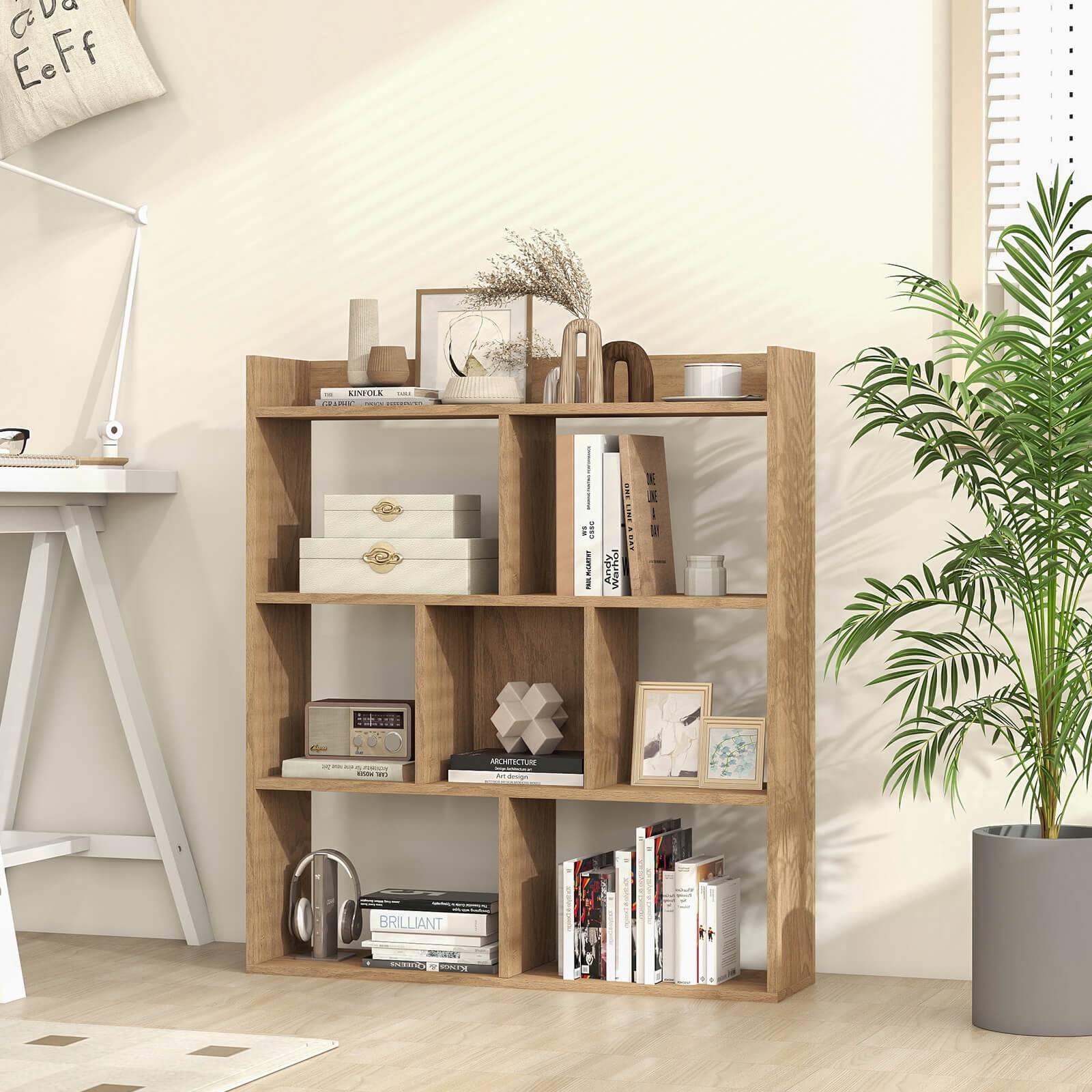 Costway 1 PCS 7-cube Bookcase 3-tier Open Storage Shelf with Anti-tipping Kits for Living Room Natural