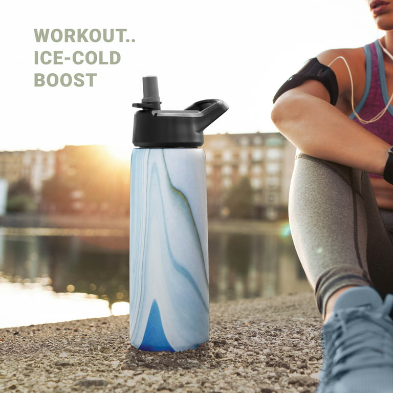 Triple Insulated Stainless Steel Water Bottle with Straw Lid - Flip Top Lid  - Wide Mouth Cap (25 oz) Sports Drink Bottle, Keeps Hot and Cold - Great  for Hiking & Biking 