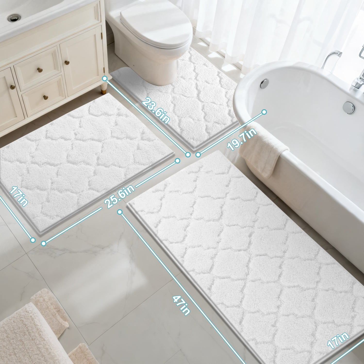Findosom Bathroom Rugs Sets 3 Pcs,Non Slip Soft Absorbent Microfiber Bath Mats and U-Shaped Contour Toilet Rug,Machine Washable Plush Shaggy Bath Mat Set for Bathroom 18"x26"+18"x48"+U 20"x24" White