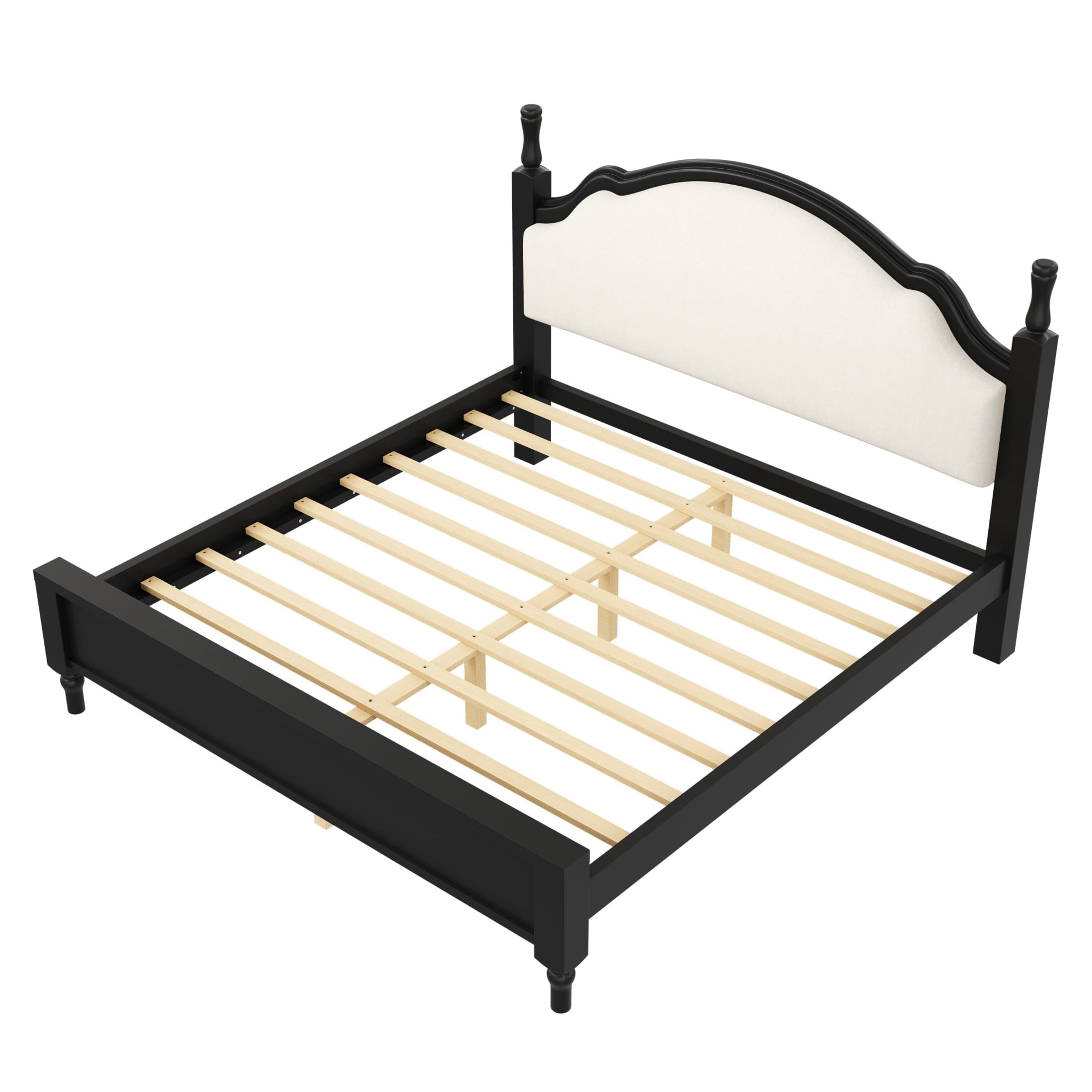 Noble House Caldon King Size Platform Bed, Pine Wood Frame with Curved Upholstered Headboard, Beige and Black