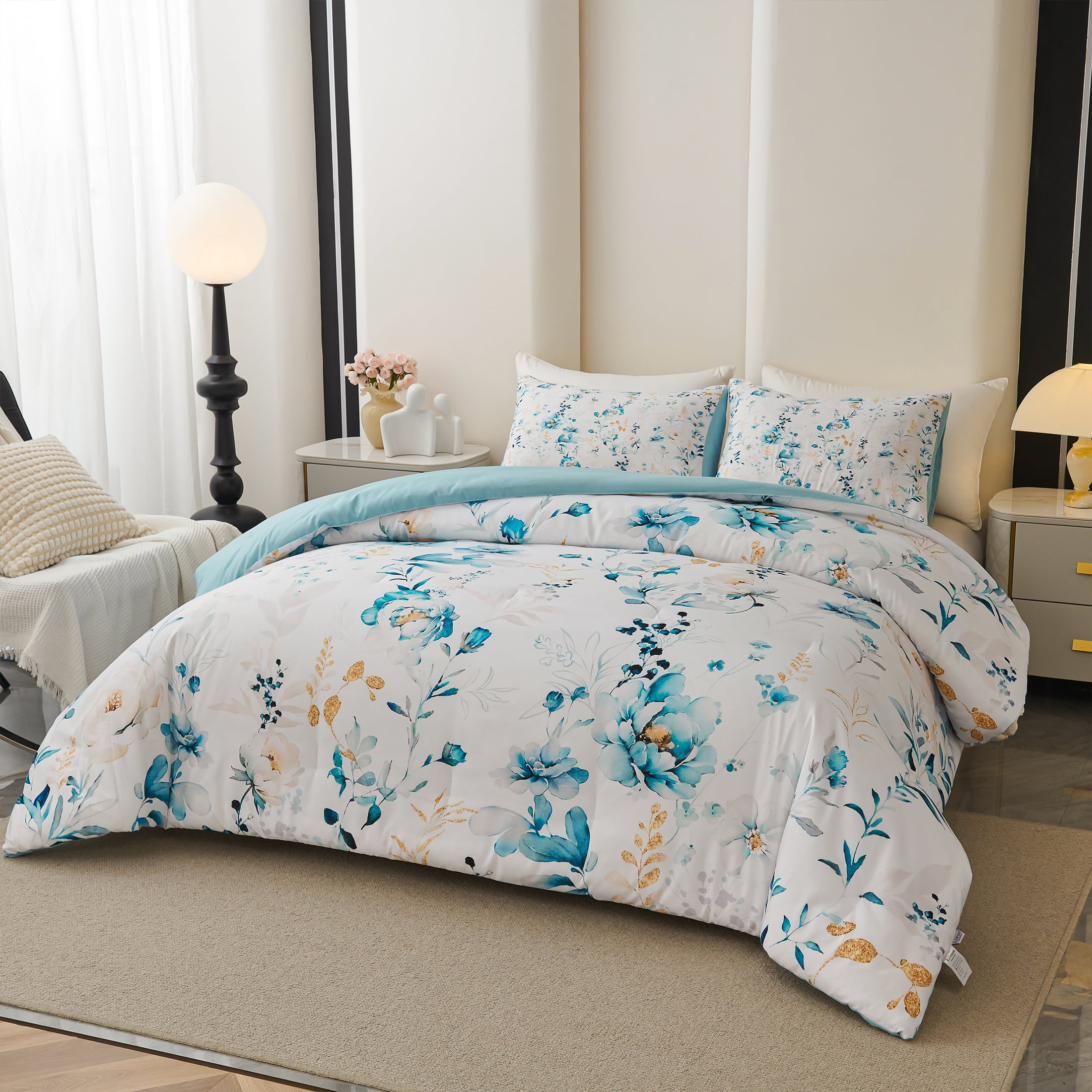 Koniroom 3 Pieces Floral Comforter Set King Size, Reversible Blue and White Flower Bedding with Peonies, Roses, Wildflowers, Leaves, and Branches Pattern for Women