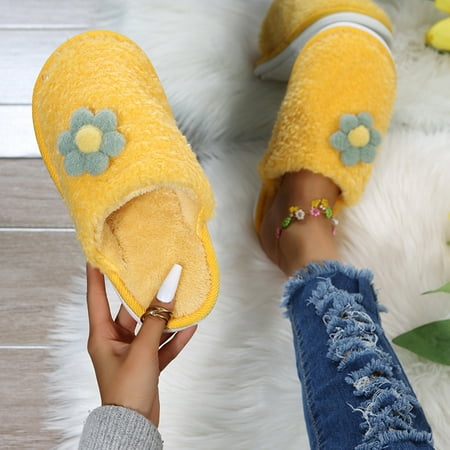 

Women s Fashion Colored Flower Decorated Plush Warm Closed-Toe Shoes Slippers
