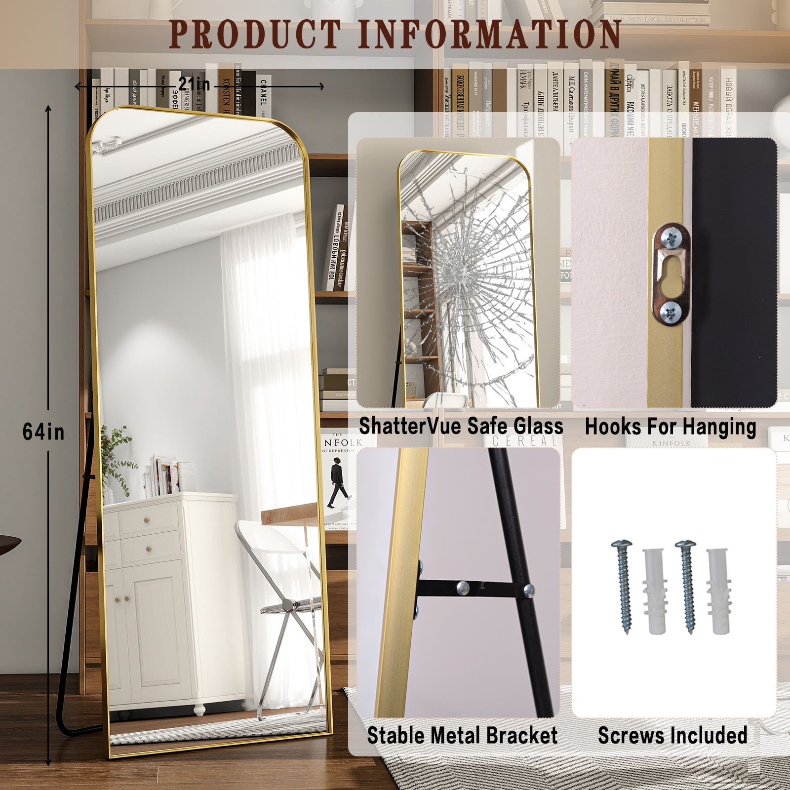 Puremirror 64"x21" Arched Floor Mirror Full Body Standing Mirror with Metal Frame, Gold