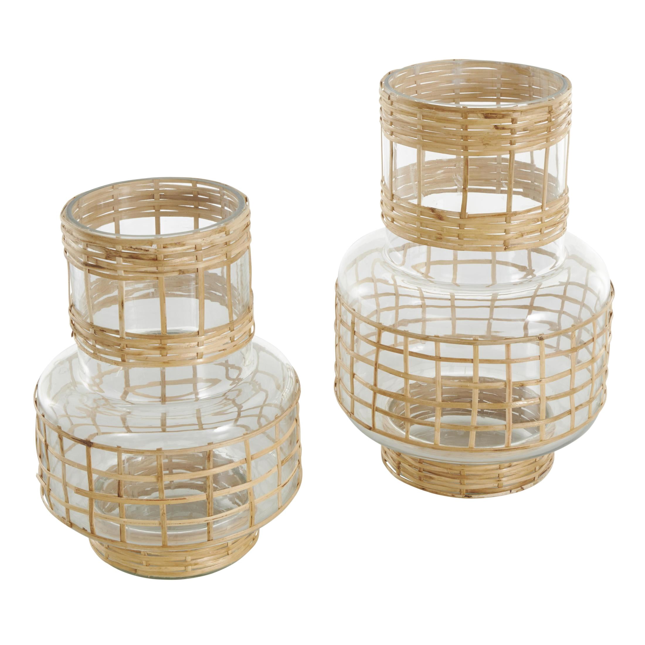 DecMode 12", 9"H Handmade Rattan Wrapped Glass Vase, Set of 2