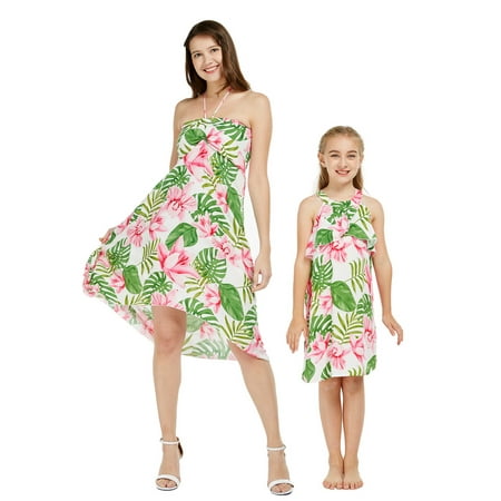 

Matching Hawaiian Luau Mother Daughter Halter Dress in Wispy Cereus Black