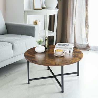 HomGarden 31.5-Inch Industrial Round Coffee Table with X-Base Metal Legs, Sofa Side Table Retro Cocktail Table for Home Office, Living Room, Rustic Brown