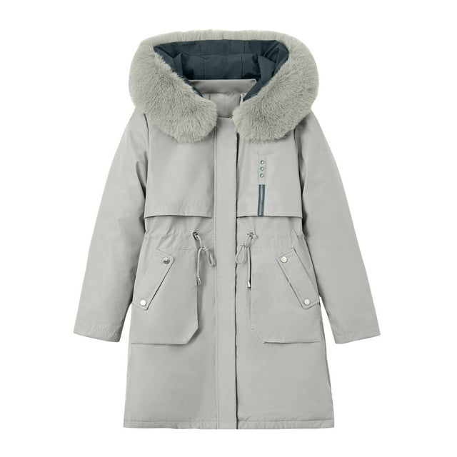 Yuyuzo Winter Jackets for Women Hooded Long Sleeve Patchwork Drawstring Waist Button Zipper Coats with Pockets