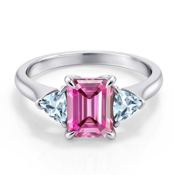 Gem Stone King 925 Sterling Silver 3-Stone Ring Octagon Pink Moissanite and Aquamarine Sky Blue (2.09 Cttw, Size 9)