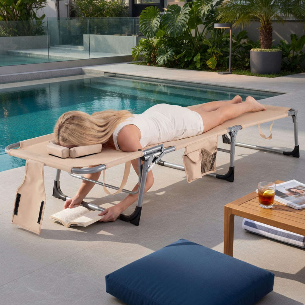 Hommoo Foldable Tanning Chair with Face & Arm Holes, Lightweight Portable Beach Chair for Pool, Patio, and Outdoor Use, Beige