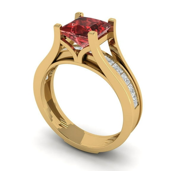 2.28 ct Brilliant Princess Cut Natural Garnet 14k Yellow Gold Solitaire with Accents Engagement Bridal Wedding Ring Band Set size 6.25