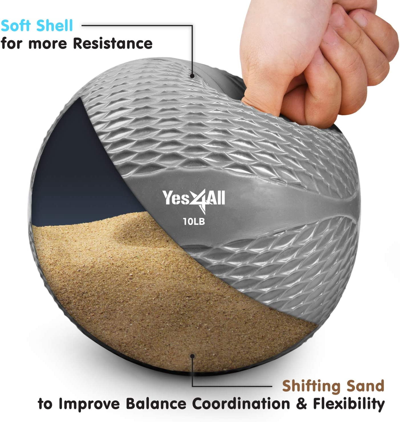 Yes4All 10lbs Soft Weighted Toning Ball Diamond Knurl Grey