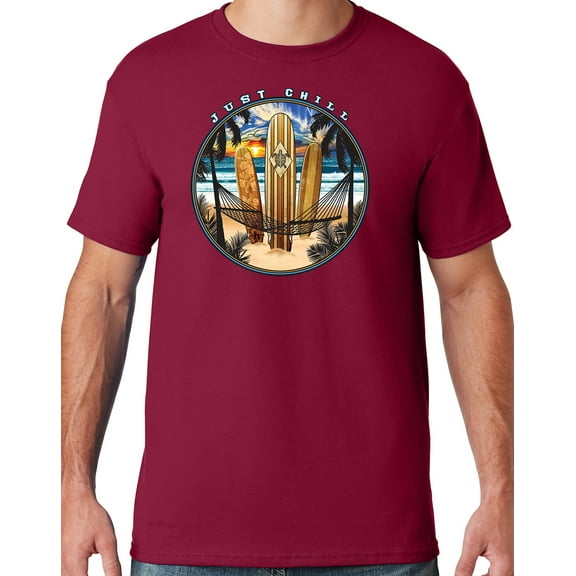 Mens Manu Bay Surf Company JUST CHILL SURFING T-shirt, Medium Cardinal Red