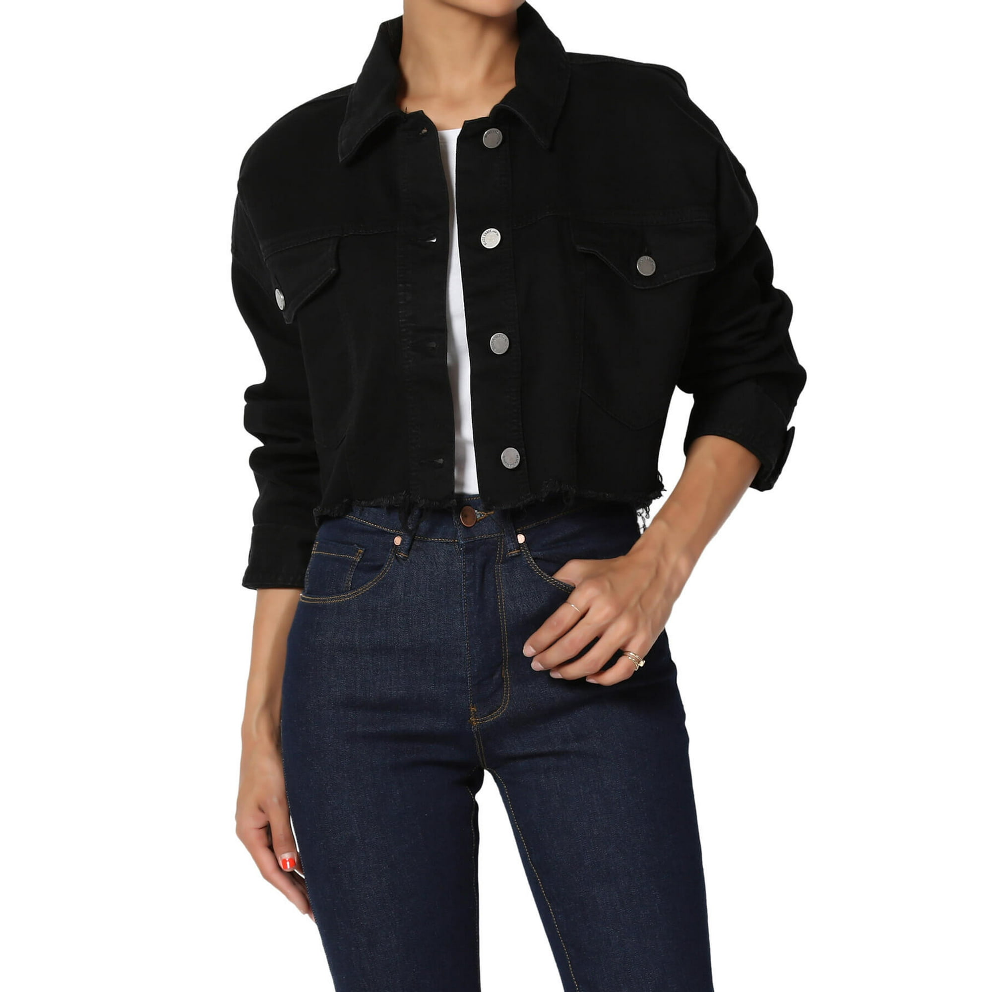 Black oversized crop denim jacket hot sale