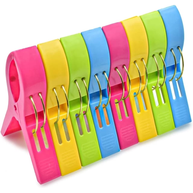 Pinzas para toallas de playa, pinzas para sillas, soporte para toallas, pinzas de plástico para ropa, abrazaderas para colgar, amarillo, azul, verde, rojo (paquete de 8)