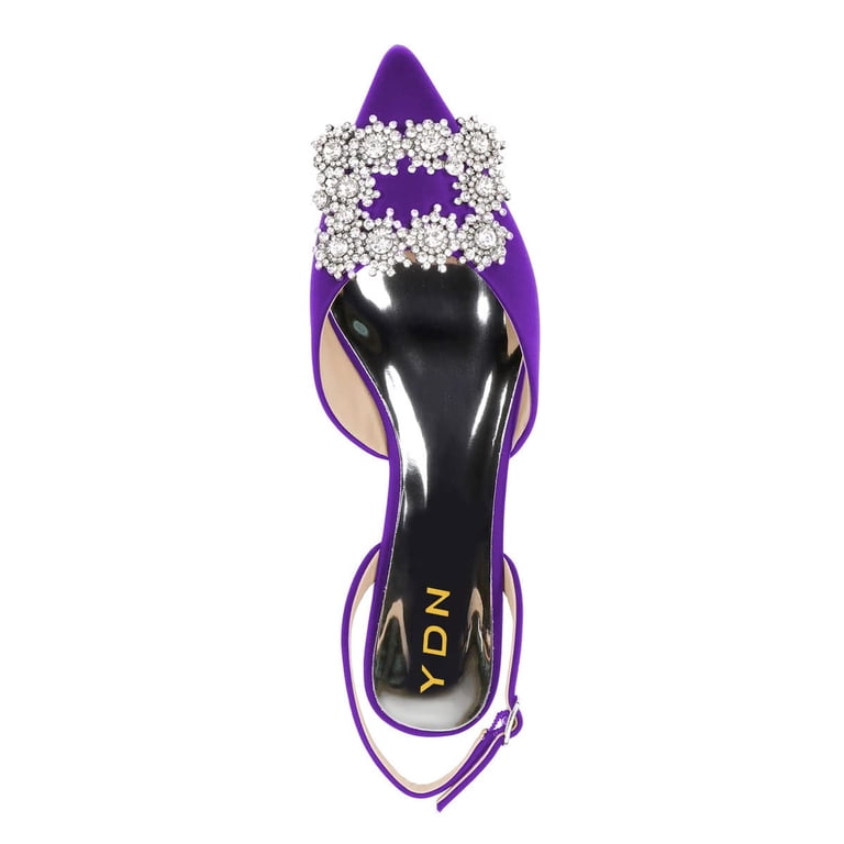 Ydn Women's Pointed Toe Crystals Studded Flats Buckle Slingback Strap Low Heel Sandals Comfy Party Formal Dress Shoes Size 10.5 Purple