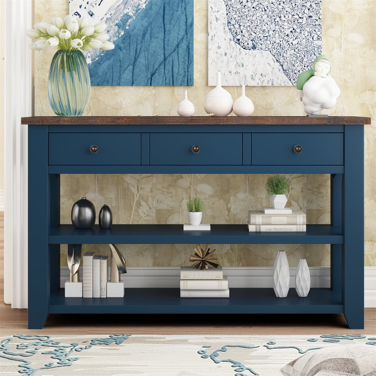 Modern Console Table with 3 Drawers and 2 Shelves, Wood Sofa Table with ...