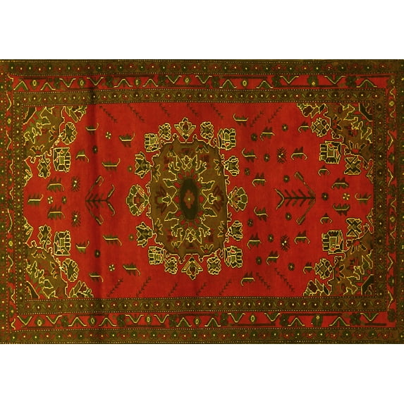 Ahgly Company Machine Washable Indoor Rectangle Medallion Yellow Traditional Area Rugs, 7' x 9'
