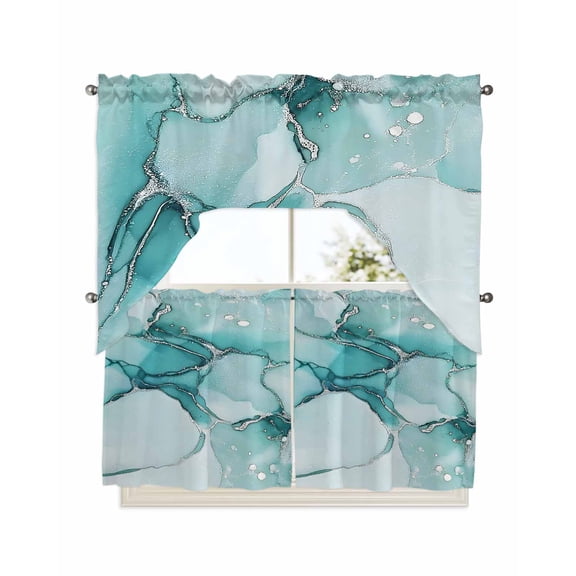 Turquoise Marble Kitchen Curtains Swag Valance and Tier Curtains Set 24 Inch Length, Nature Marble Crack Country Retro Rod Pocket Drape Panels Pair Swag Curtains for Bathroom/Cafe/Window