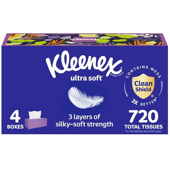 Kleenex Ultra Soft TWE5 Facial Tissues, 4 Flat Boxes, 180 Tissues per Box, 3-Ply, Packaging May Vary