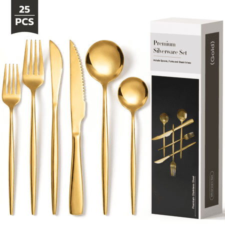 Astercook 25-Pieces Gold Silverware Set with Steak Knives for 4 - Great Food-Grade Stainless Steel Flatware Set, Mirror-polished Cutlery Utensil Sets, Ideal for Home Restaurant & Banquet Use, Gold