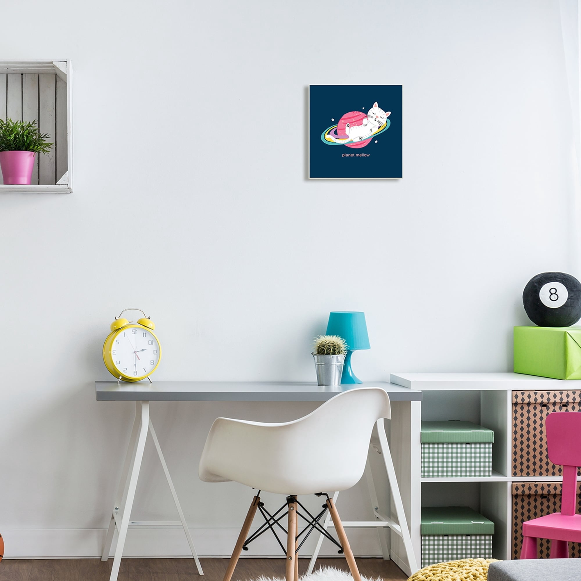 Stupell Industries Planet Mellow Tired White Cat Sleeping Saturn Rings Wood Wall Art, 12 x 12, Design by Lisa Perry Whitebutton