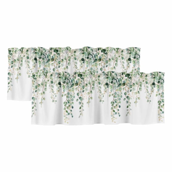 Eucalyptus Leaves Valances for Windows, Teal Botanical Summer Watercolor Light Filtering Kitchen Curtains, Rod Pocket Window Valance Curtains for Living Room Bedroom, 42" W x 18" L, 2 Panels