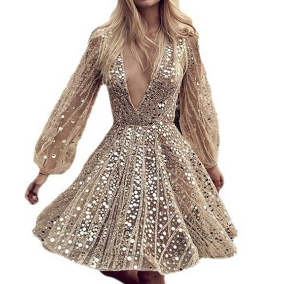 Elainilye Fashion Sequin Dress for Women Pure Desire Deep V-neck Sequin Long Sleeve Small Dress Prom Dress Date Night Dress,Gold
