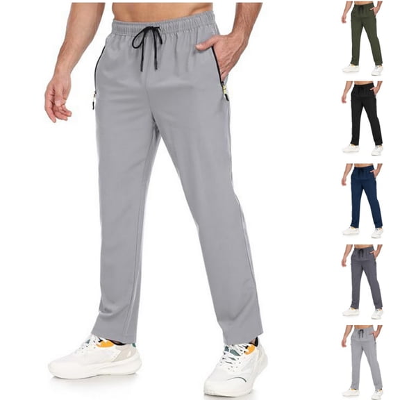 Men's Pants Lightweight Quick Dry Hiking Sweatpants Casual Elastic Waist Straight Leg Workout Jogging Pants with Zippered Pockets Light Gray XXL