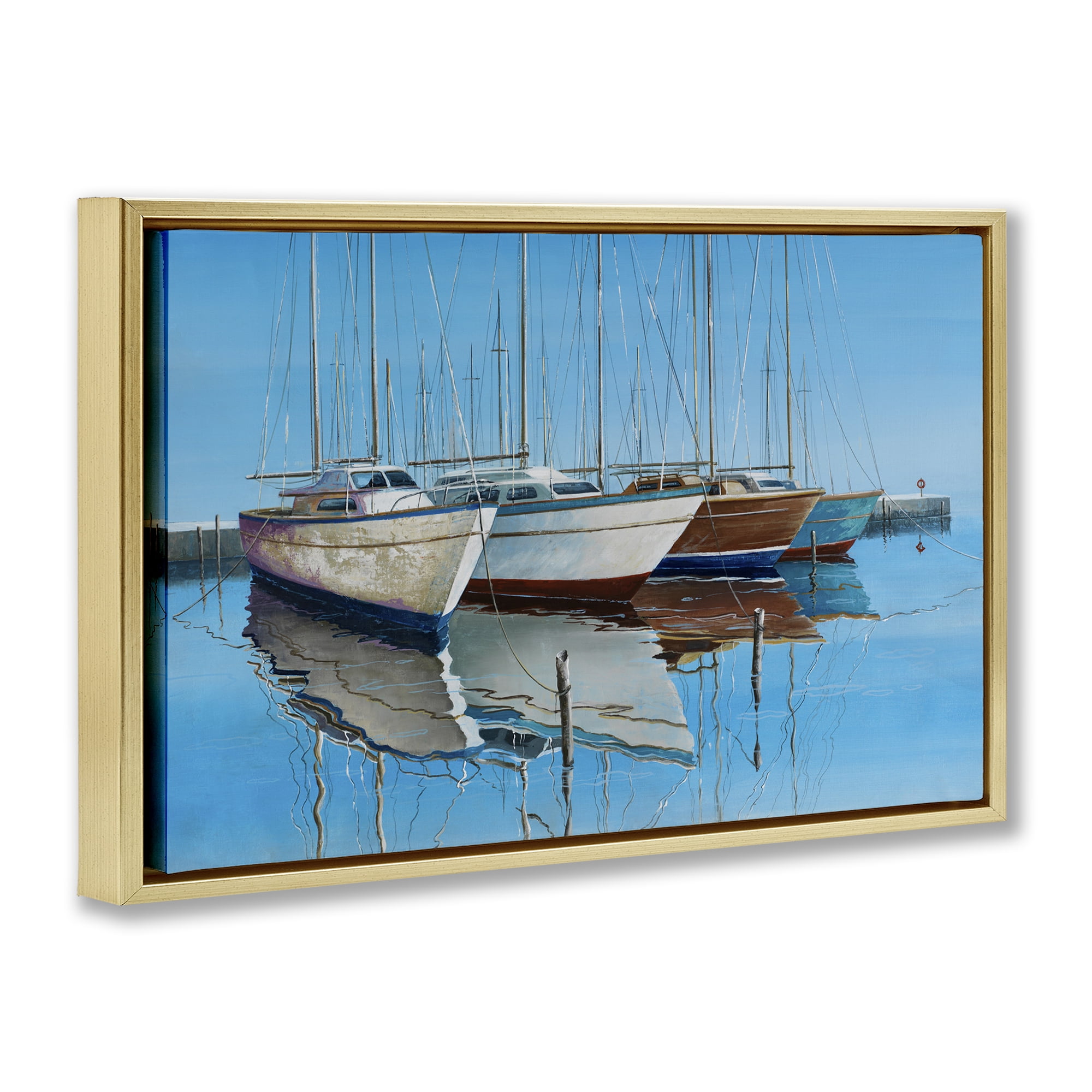 Stupell Industries Four Docked Boats Reflection Transportation Painting Gold Floater Framed Canvas Art Print Wall Art, 31 x 21