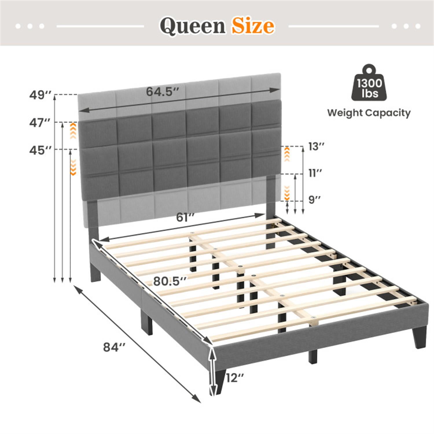 Demi Bonn Queen Size Bed Frame with Adjustable Headboard, Modern Linen Platform Bed Frame with 10 Strong Wood Slat Support, No Box Spring Needed, Gray