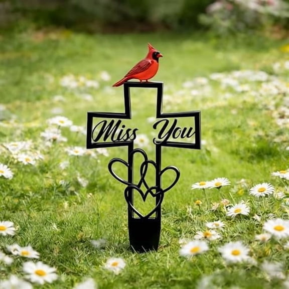 Metal Cemetery Memorial Plaque for Remembrance,"Miss You" Memorial Cross Ground Stake with Heart,Remembrance Grave Marker for Cemetery Garden, Outdoor Memorials Decor,1Pcs
