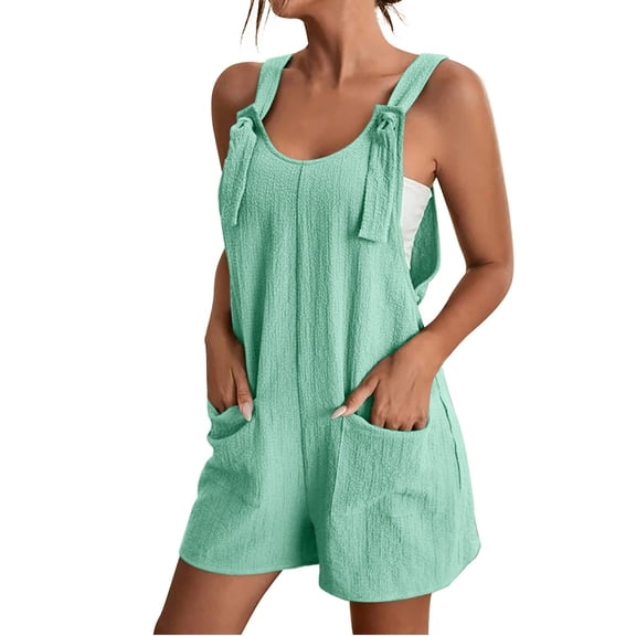 Fsqjgq Jumpsuit Rompers for Women Plus Size Summer Casual Loose Wide Leg Shorts Overalls with Pockets Solid Color Sleeveless Playsuit Outfits(Mint Green,Xl)