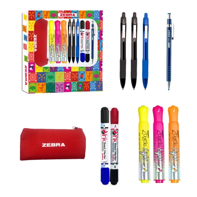 Zebra Office & School Set Incluye 3 resaltadores Zazzle Light - 2 Marcadores para pizarrón 2INK - 3 Bolígrafos Z grip y 1 portaminas Z-907 + Lapicera de Regalo