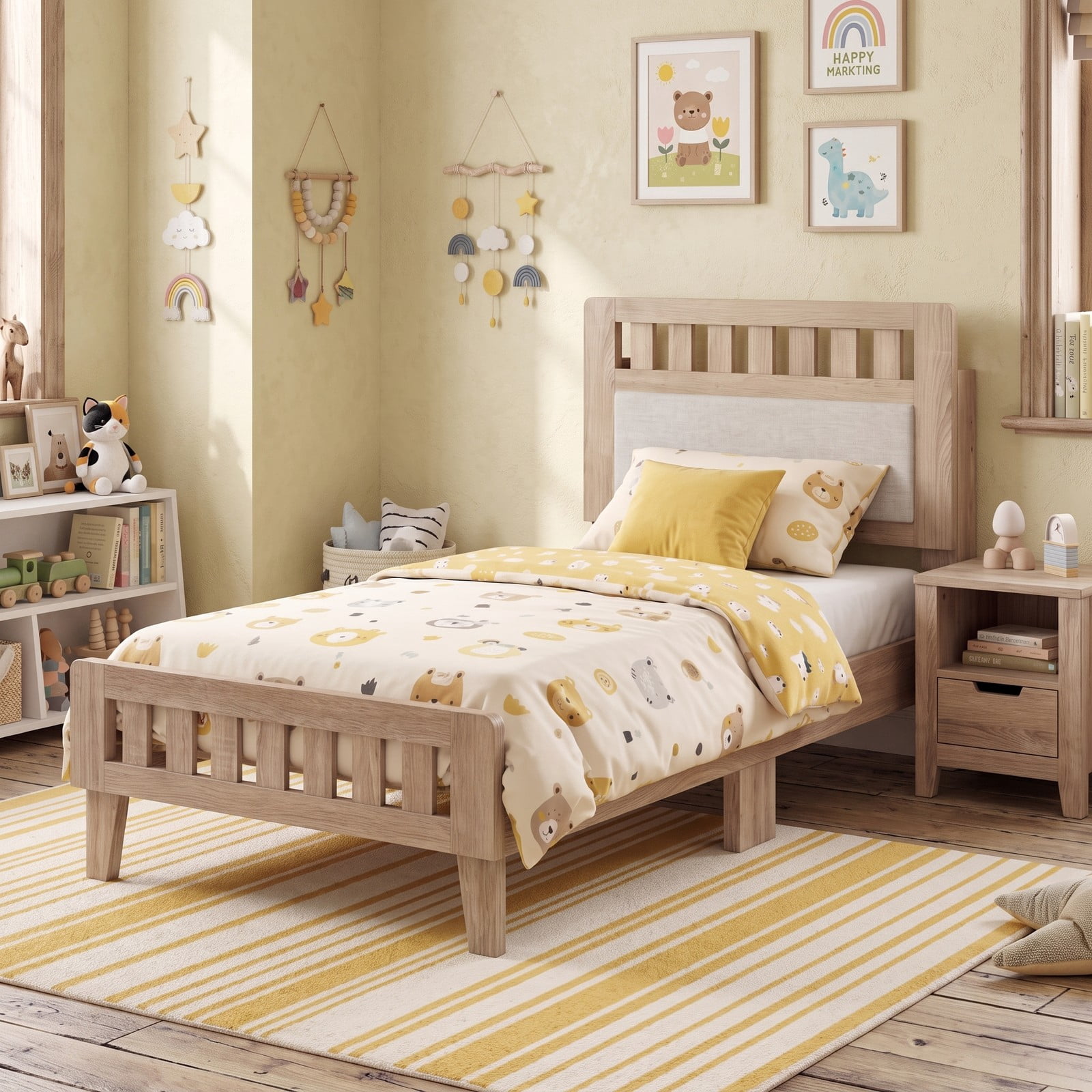 Furnibear Twin Bed Frame with Upholstered Headboard, Wood Platform Bed Frame Mid Century Style, No Box Spring, Rustic Oak and Beige