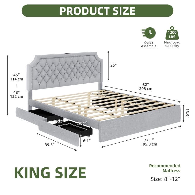 Uforic King Size Bed Frame, Upholstered Bed Frame with Storage Drawers & Adjustable Headboard, Beige