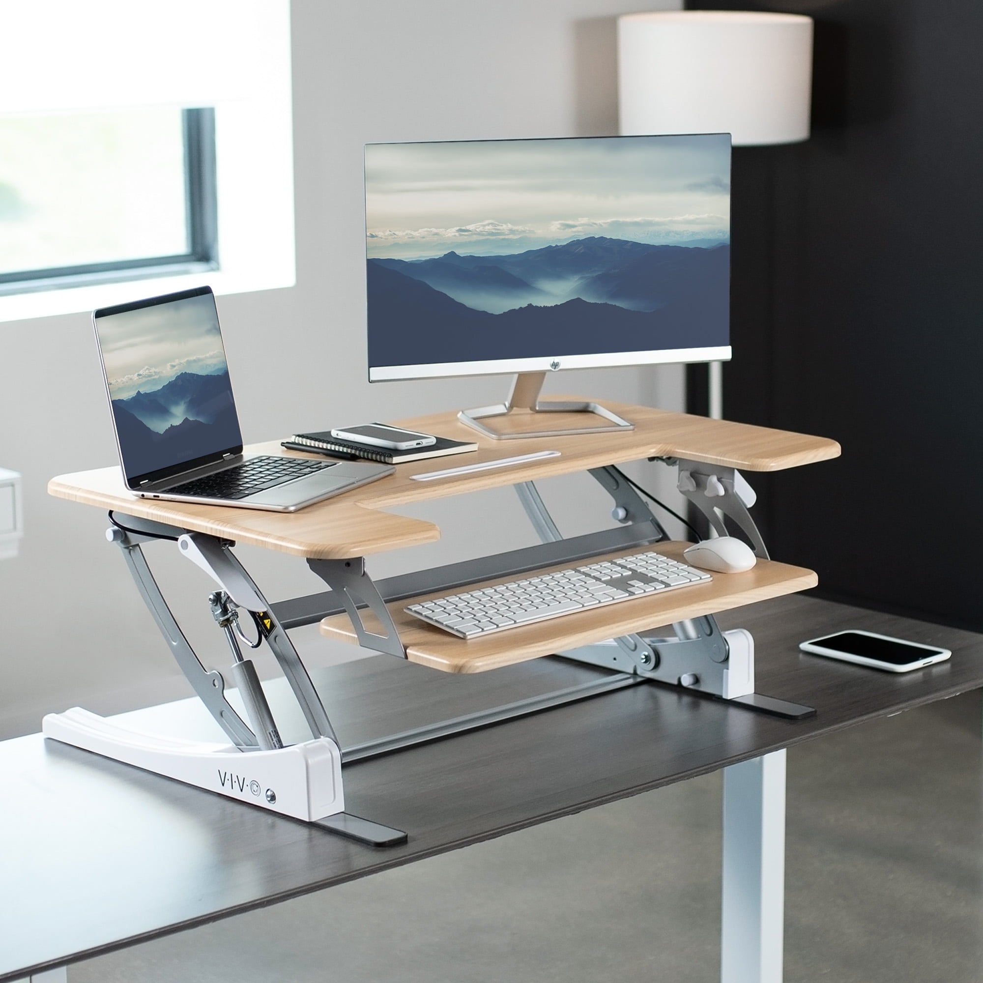 VIVO Light Wood Standing Desk Monitor Riser, Tabletop Sit to Stand, White Frame