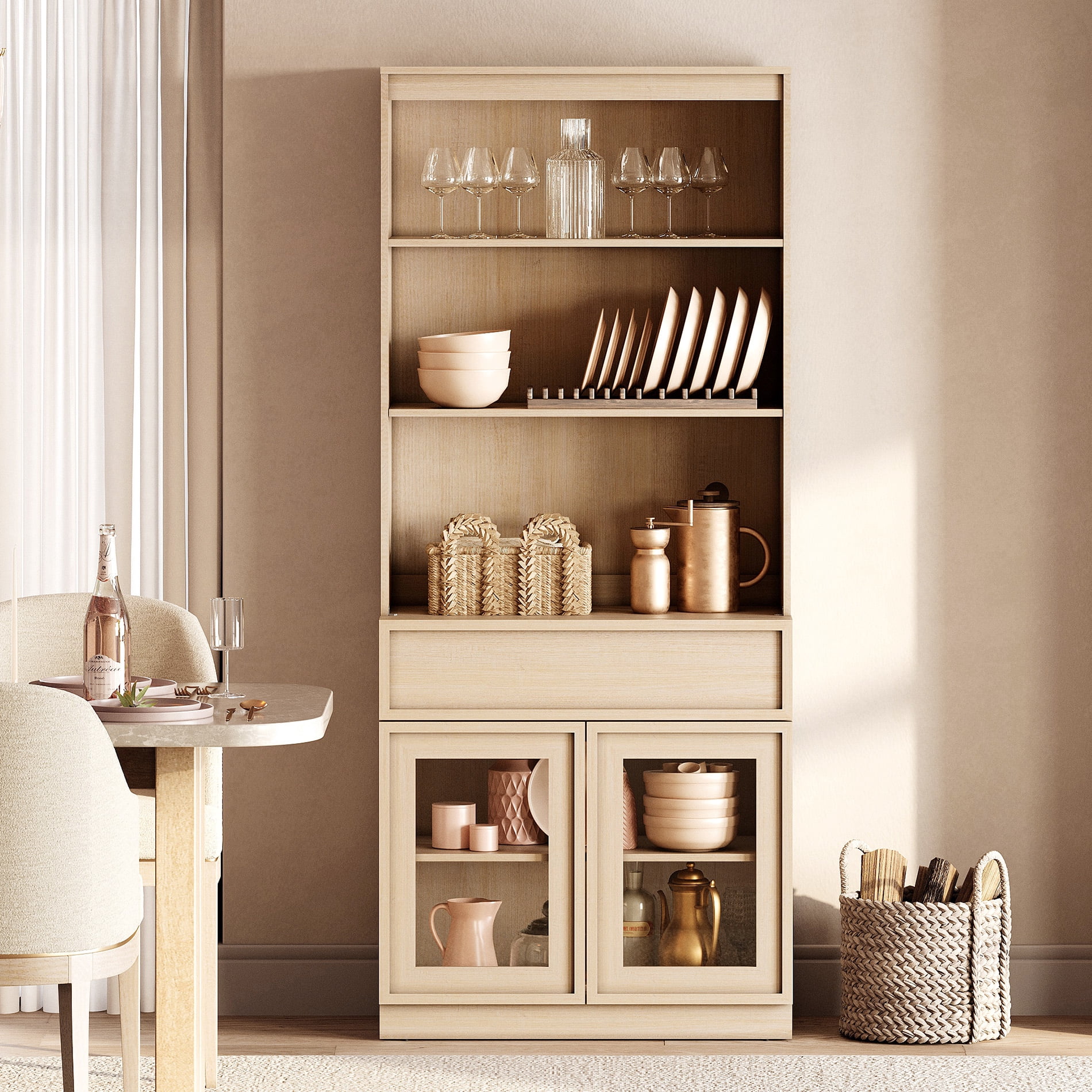 Modern 72" Tall Sideboard Buffet Cabinet, Glass Door Storage Cabinet with Drawers & Adjustable Shelves, Wood Console Cabinet for Dining Room,Entryway,Living Room,Beige