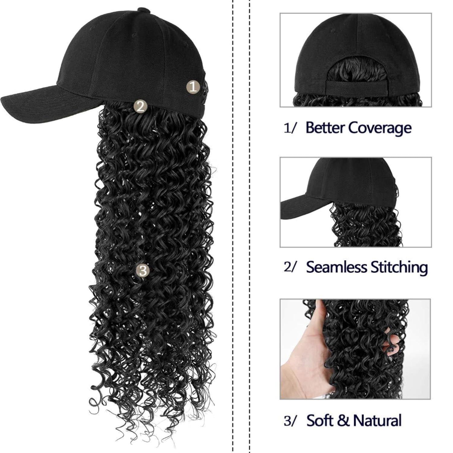 YEKEYI Headband Wig Human Hair Wigs Baseball cap Wig Curly Deep Wave Headband Wig Hat Wigs (Black hat Long Lbrown wig)
