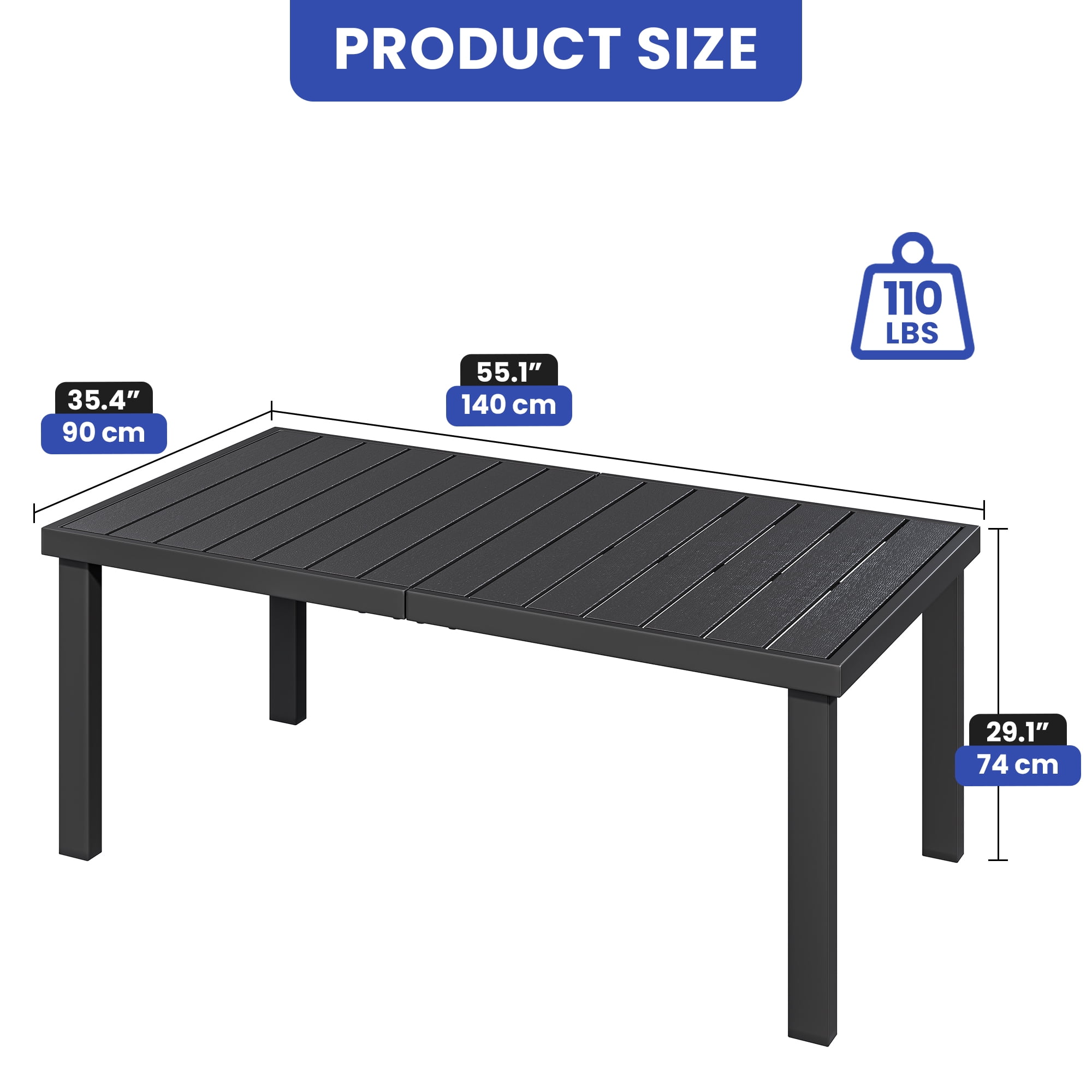 Uforic Patio Dining Table, Rectangular Table for 6, Rust-Resistant Table for Outdoor, Black