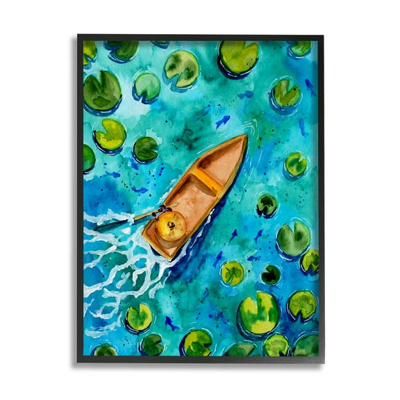 Pond Lilies Lake Boat Splash Transportation Painting Black Framed Art Print Wall Art