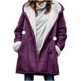 thumbnail image 2 of Qetyuw Womens Faux Suede Hooded Long Jacket Winter Fleece Lined Warm Open Front Coat Horn Button Long Sleeve Jackets, 2 of 7