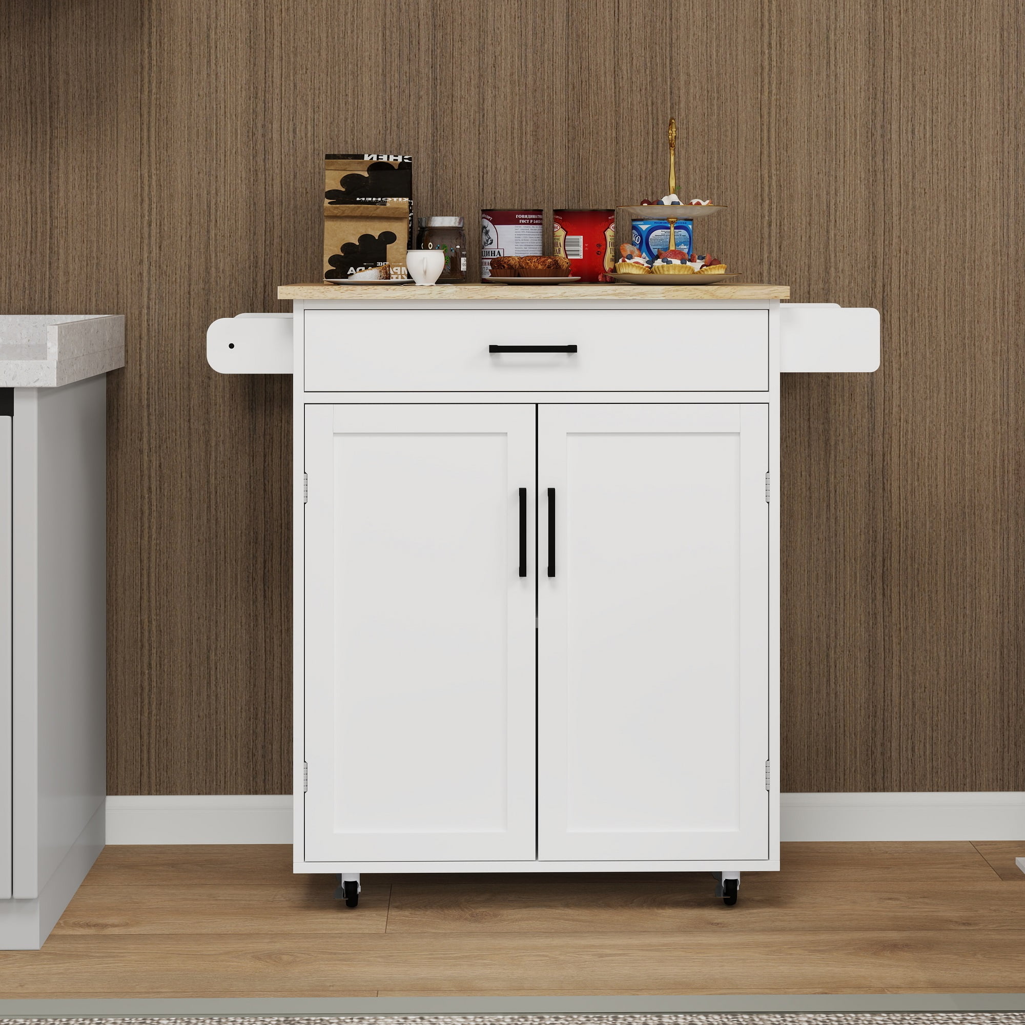 Kitchen Island on Wheels Cart Rolling Trolley Cart Storage with Cabinet Racks Towel Rack Rubber Wood Countertop Table