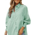 thumbnail image 2 of Womens Smocked Cuffed Striped Boyfriend Shirt Casual Collar Long Sleeve Oversized Button Down Blouse Tops with Pocket Shirred, 2 of 7