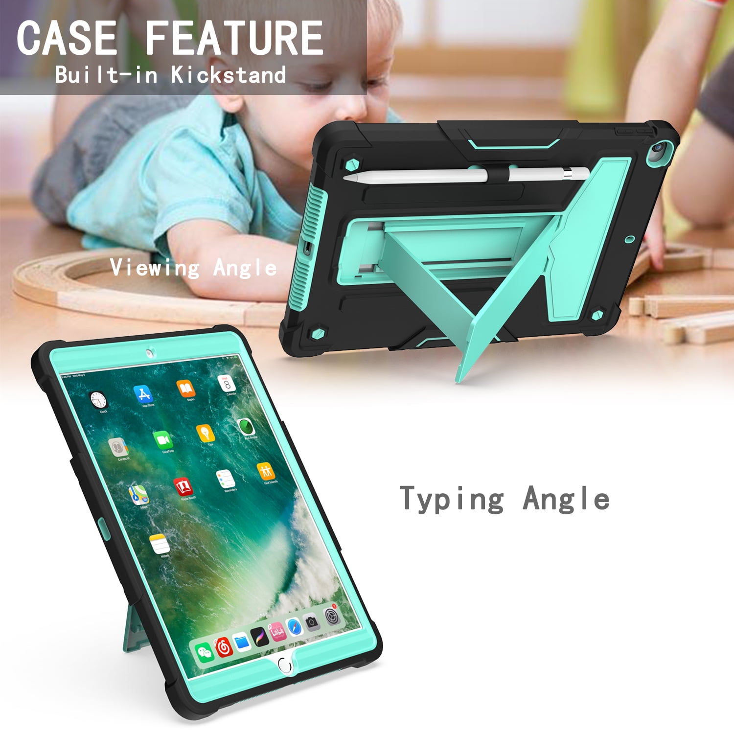 Allytech iPad 7th Generation Cases, iPad 10.2" 2019 Case Heavy Duty Hybrid PC + Silicone Drop Protection Rugged Case with Pencil Holder Built-in Kickstand for Apple iPad 10.2 inch, Black/Aqua